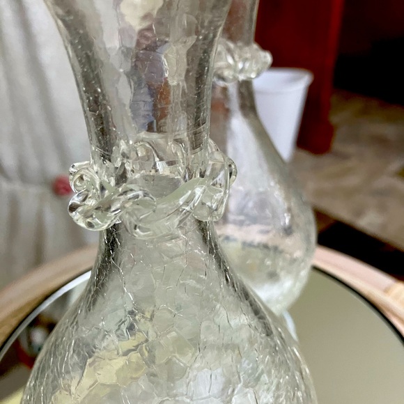 2 BLENKO CRACKLE ICE GLASS CLEAR 7” VASES 1940’s APPLIED NECK RUFFLE BULBOUS - Picture 5 of 15